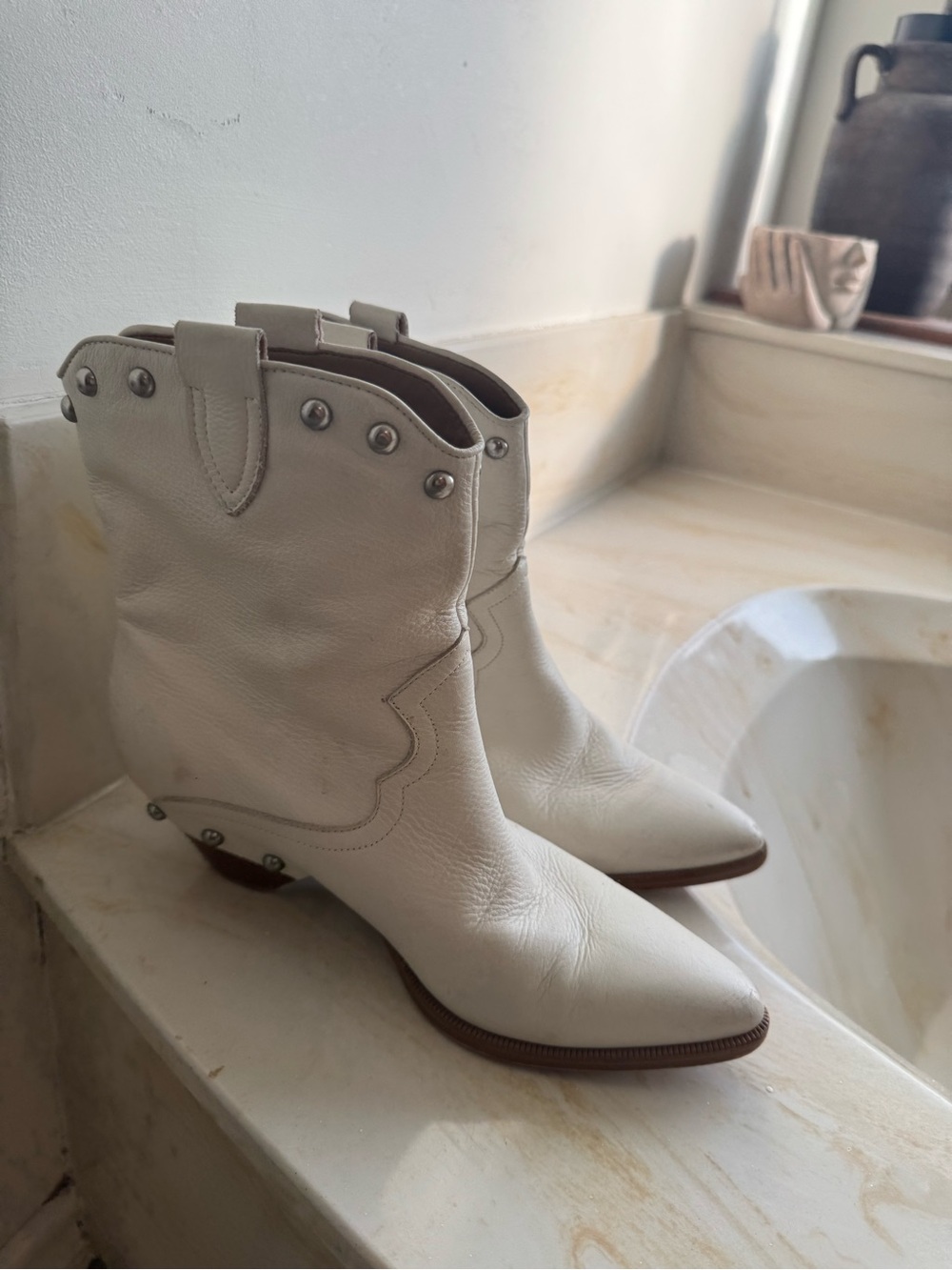 Marc Fisher Cream White Studded Western Ankle Boots